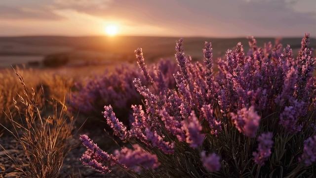 Поле лаванды на закате 4K — звуки природы и цикады (2 часа)