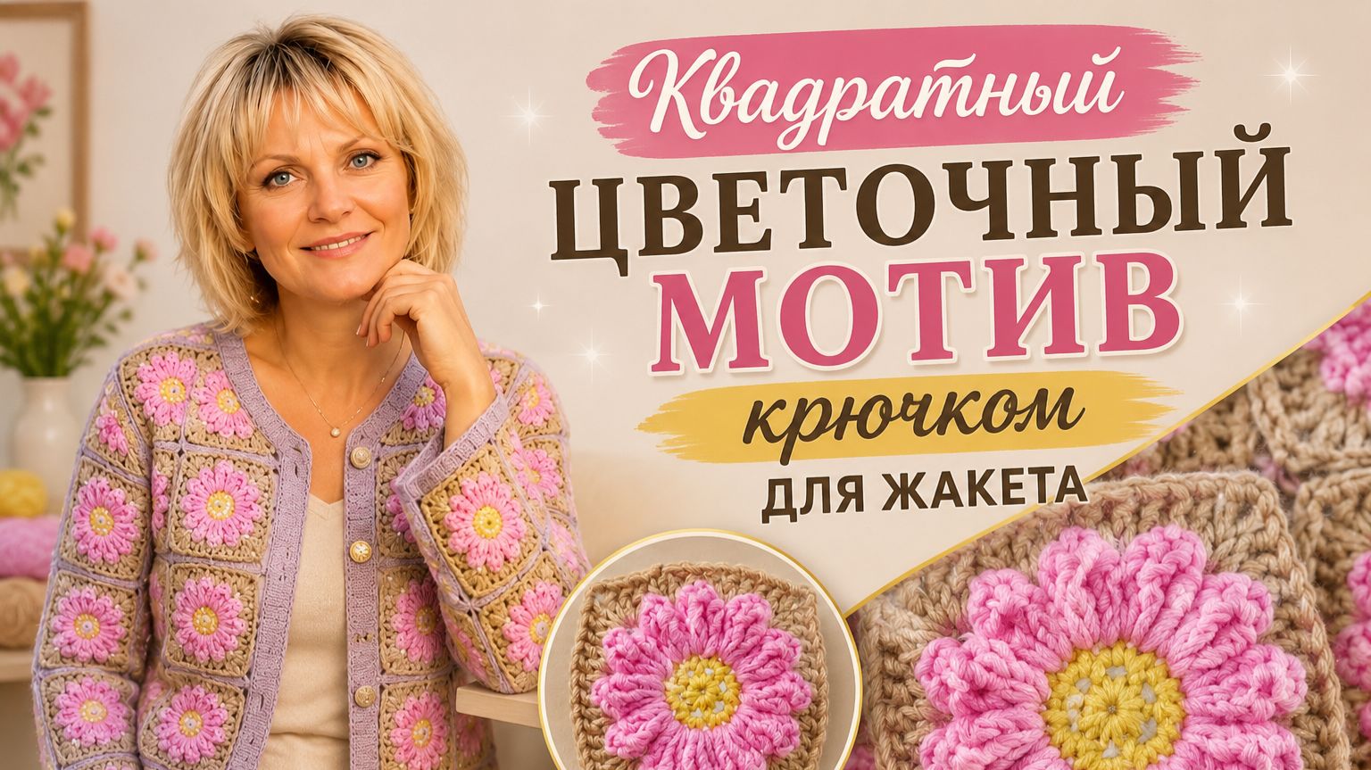 Квадратный цветочный мотив крючком — нежный узор для пледа, кофты и сумки