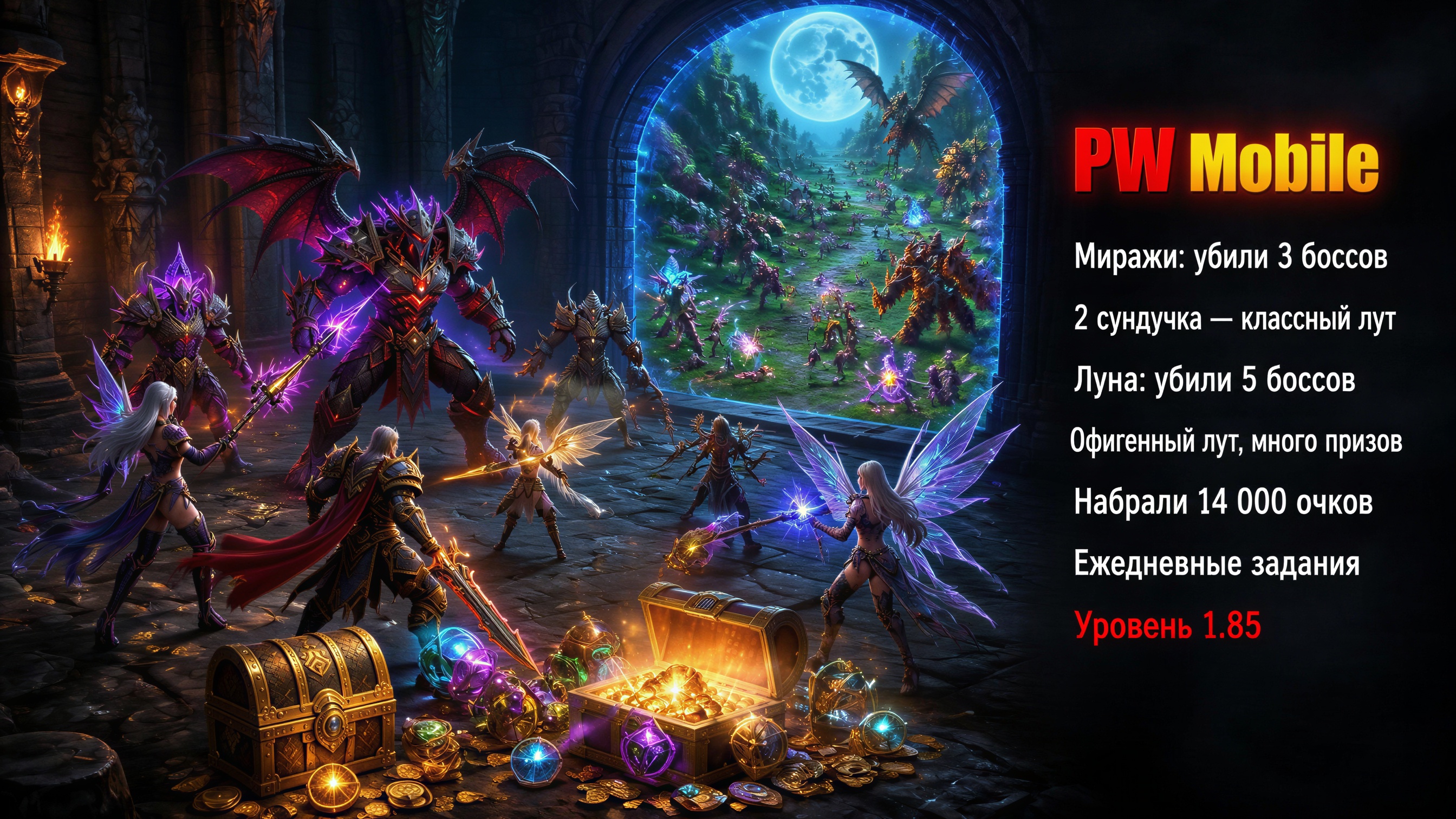 PW Mobile: миражи (трое боссов, 2 сундучка), луна (14к очков), ежедневки после обновы, уровень 1.85