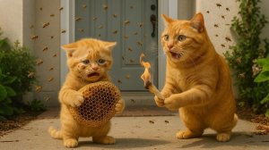 Котенок ловит пчелиное гнездо, чтобы порадовать маму-кошку, но заставляет ее волноваться, потому что