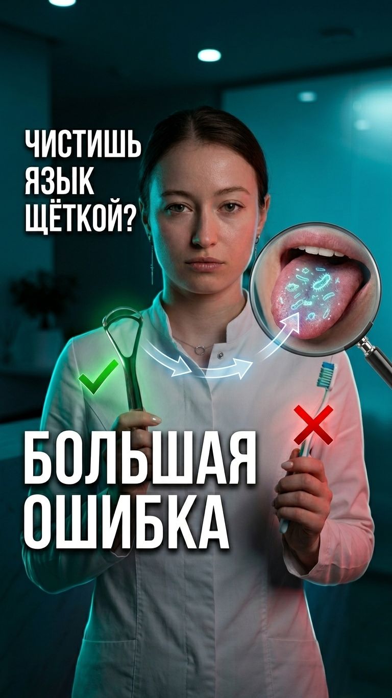 90% бактерий на языке! Щётка разносит их по зубам, скребок убирает за секунды