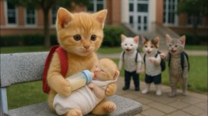 Высмеянный друзьями котенок по-прежнему тщательно заботится о новорожденном коте и маме-кошке в боль