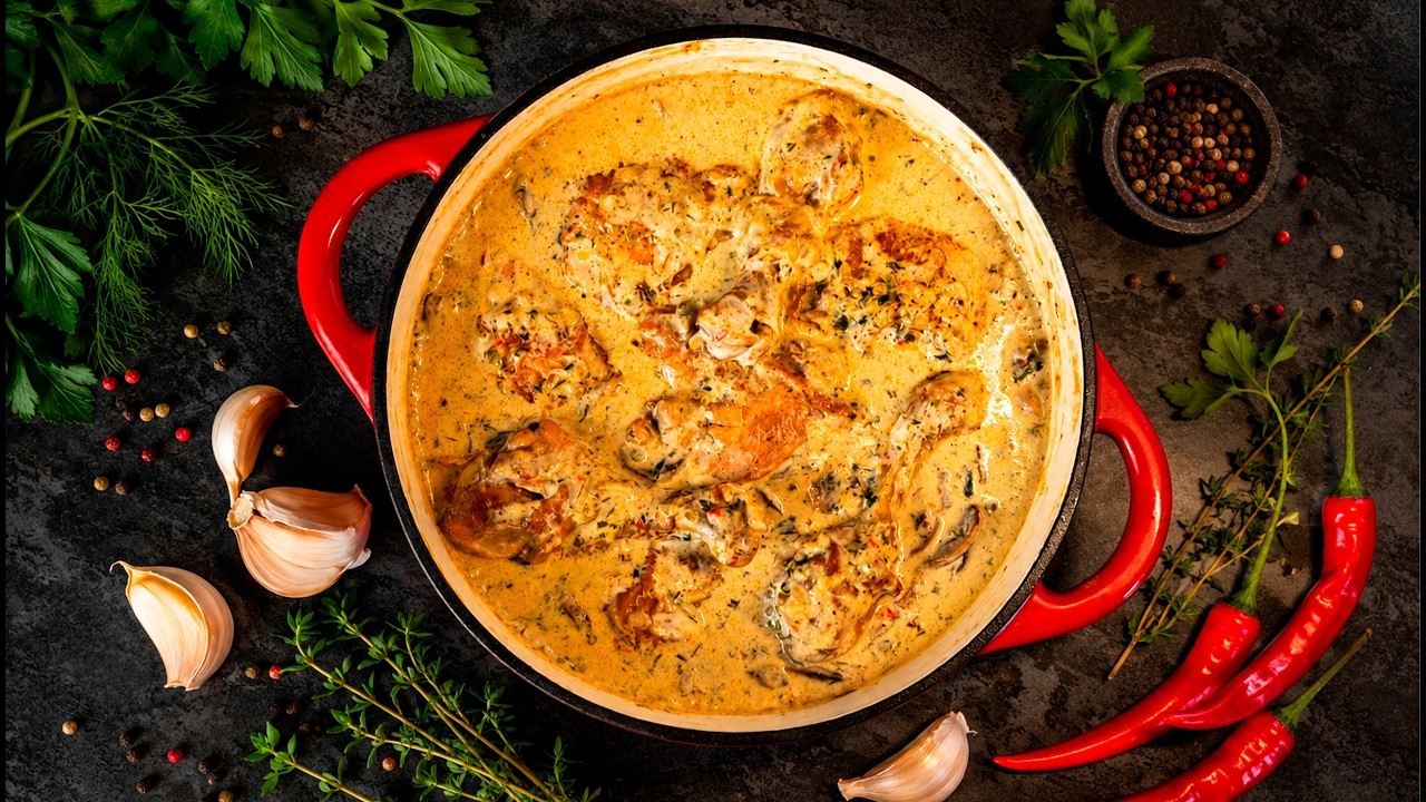 Чесночная курица в сливочном соусе с грибами. смотреть онлайн