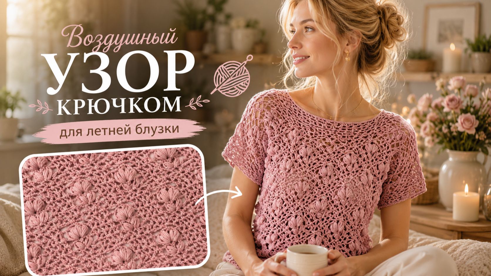 Нежный цветочный узор крючком для летнего топа и кофточки