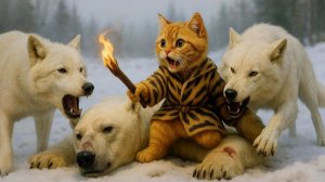 Рыжий котенок храбро сражается с волками, а белый медведь удачно сбегает 🐱🐈🦫