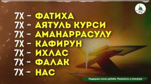Коран. Аль Фатиха, Аятуль Курси, Ихлас, Фаляк, Нас, Аманаррасулю, Кафирун по 7 раз