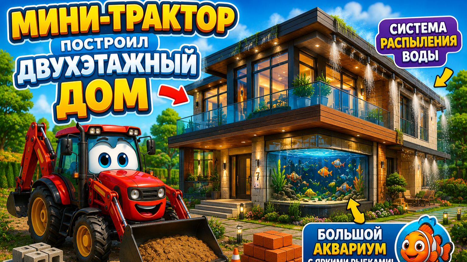 Мультфильм: Мини-трактор построил двухэтажный дом с аквариумом и системой распыления воды.