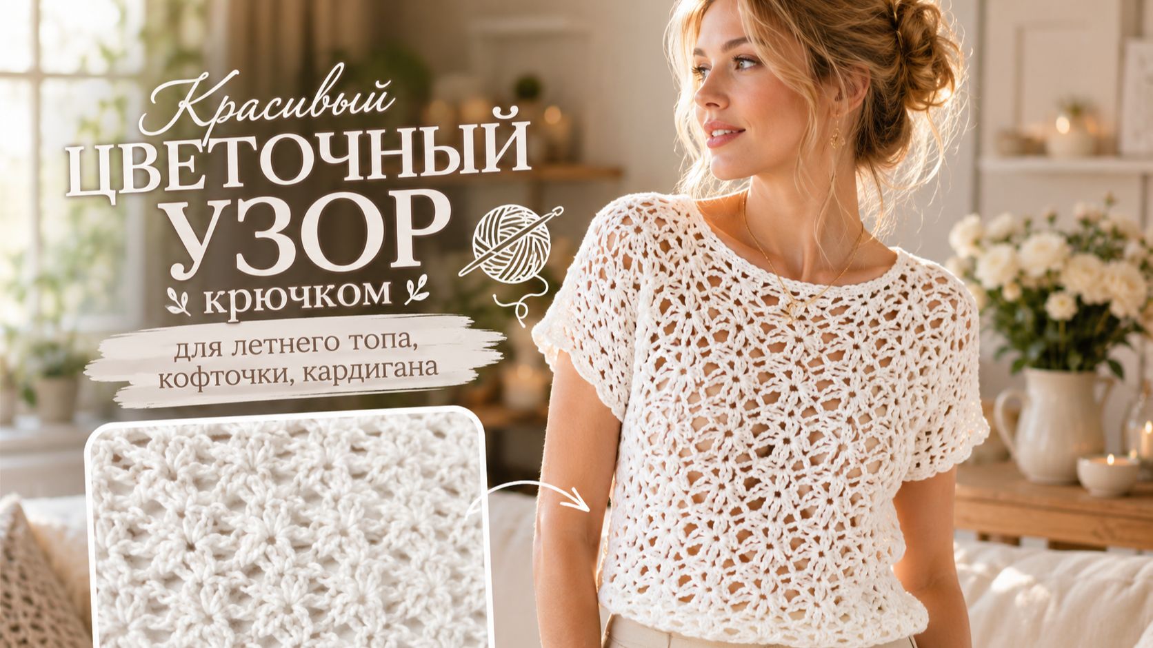 Красивый цветочный узор крючком для летнего топа, кофточки и кардигана | Ажурный узор крючком
