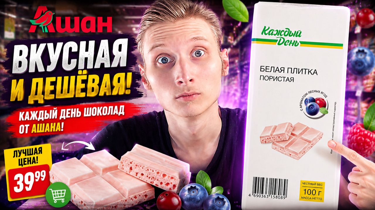 ВКУСНАЯ И ДЕШЁВАЯ!КАЖДЫЙ ДЕНЬ ШОКОЛАД ОТ АШАНА!БЕЛАЯ ПЛИТКА ПОРИСТАЯ С АРОМАТОМ ЛЕСНЫХ ЯГОД!ОБЗОР
