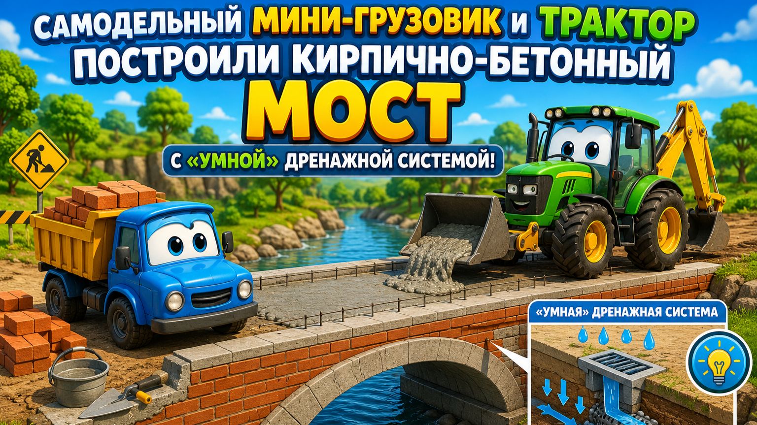 Мультфильм: мини-грузовик и трактор построили кирпично-бетонный мост с умной дренажной системой
