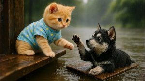 Мама-кошка и котенок ловили рыбу во время грозы и спасли щенка хаски, которого унесло от наводнения