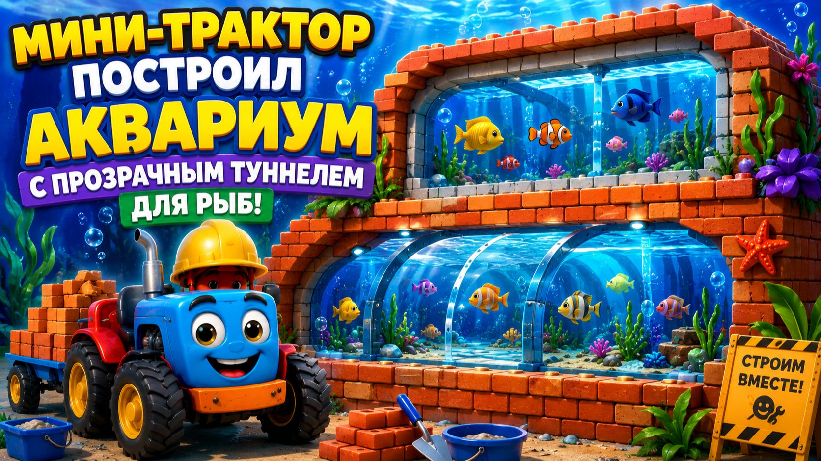 Мультфильм: Мини-трактор построил аквариум из кирпичиков с прозрачным туннелем для рыб