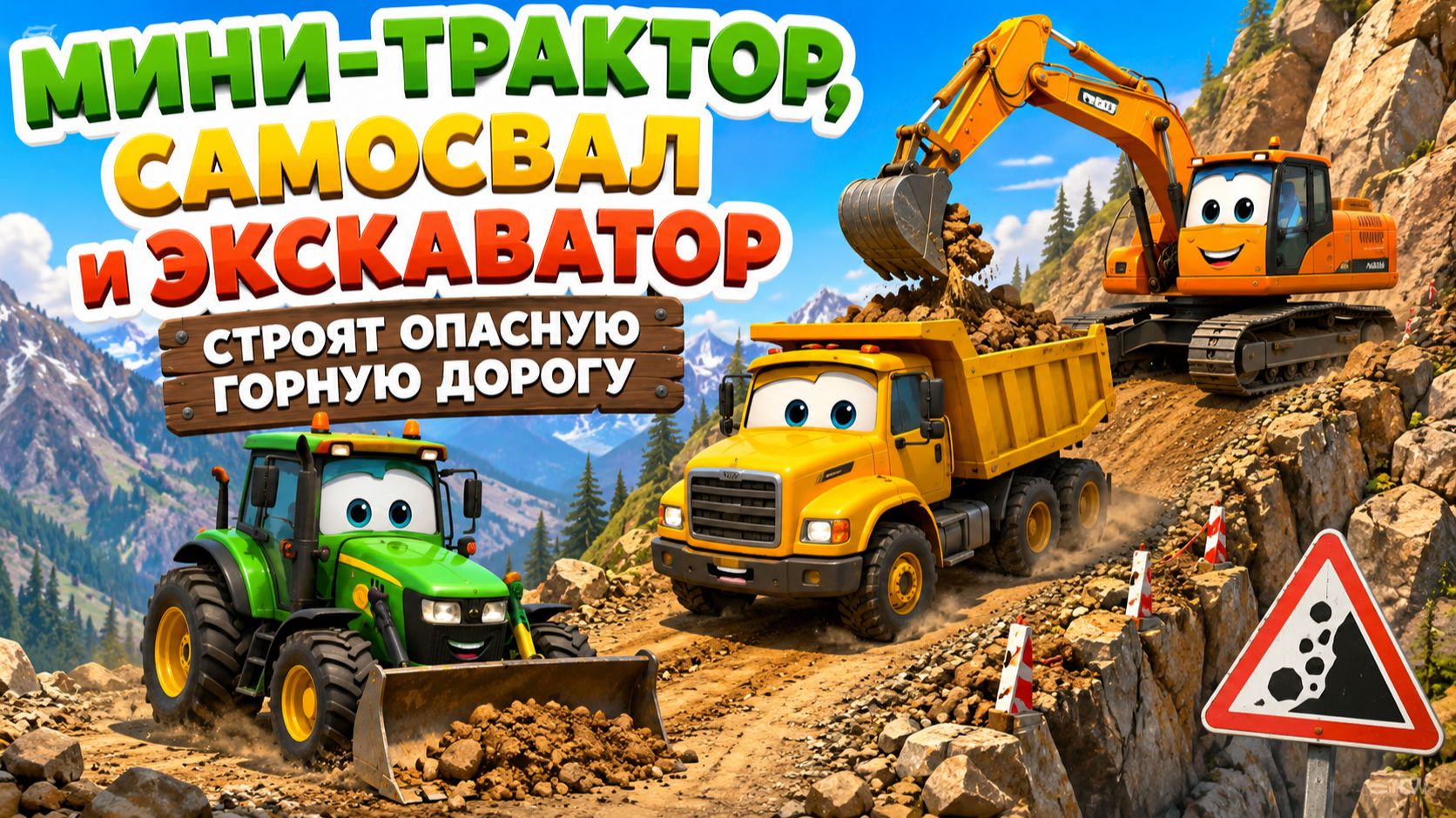 Мультфильм: Мини-трактор, самосвал и экскаватор строят опасную горную дорогу — увлекательный мультфи