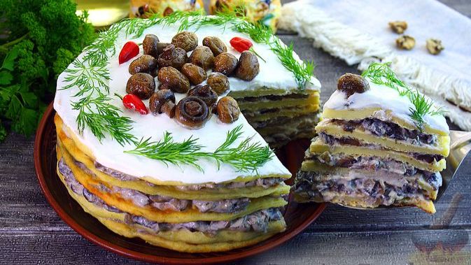 ЗАКУСОЧНЫЙ КАРТОФЕЛЬНЫЙ ТОРТ С ГРИБАМИ