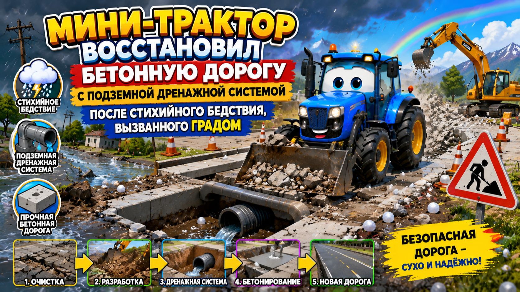 Мультфильм: Мини-трактор восстановил бетонную дорогу с подземной дренажной системой после града!