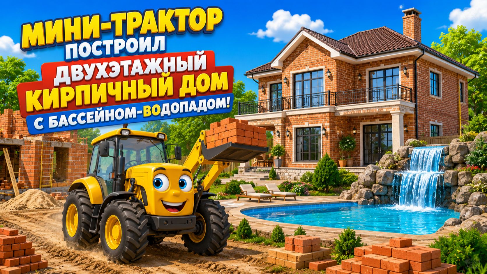 Мультфильм: 🚜 Мини-трактор построил двухэтажный кирпичный дом с бассейном-водопадом! 🏡💦