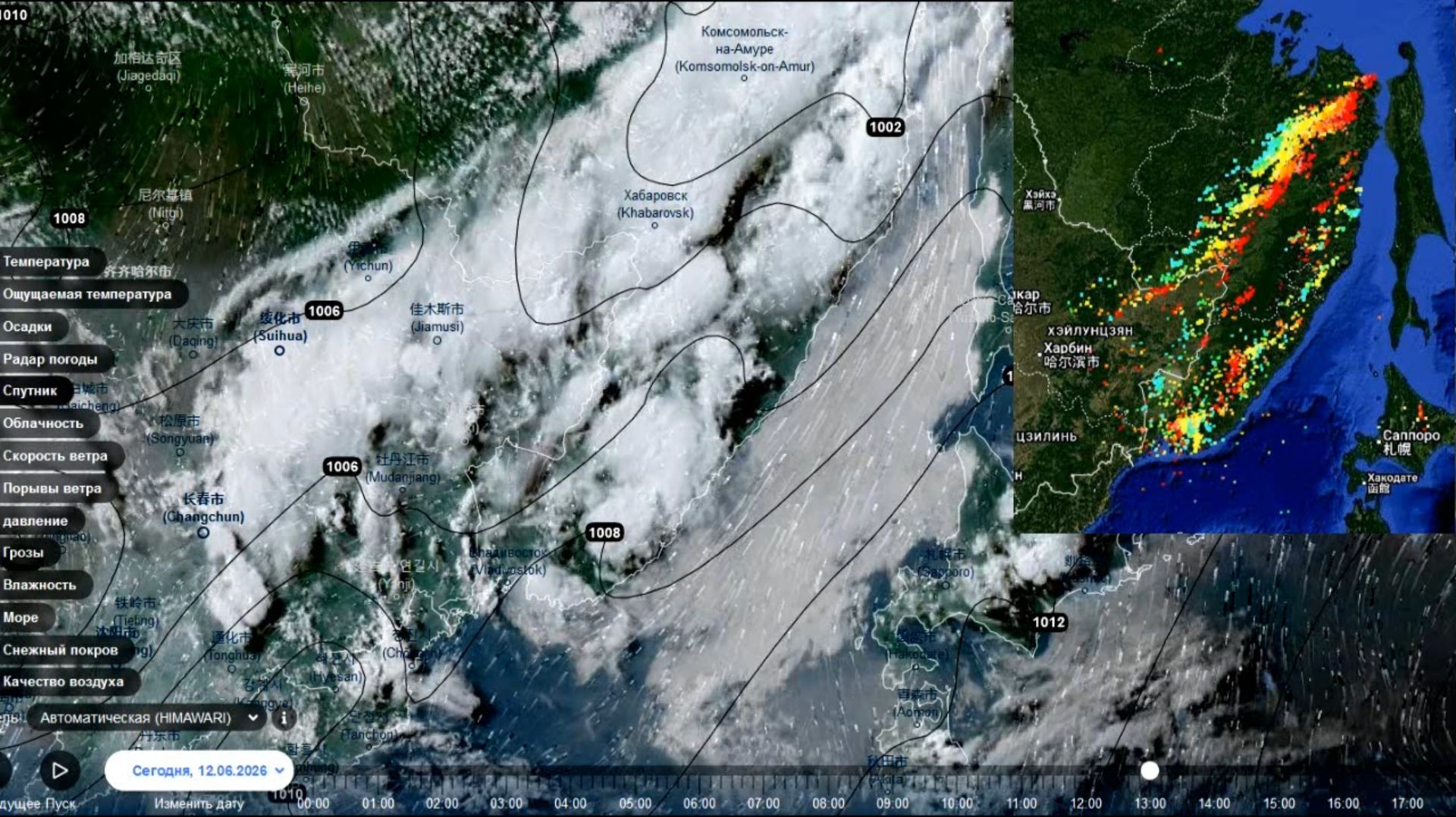 Сильные грозы на юге Дальнего Востока. Вид со спутника 12.06.2026