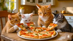 😹Мама кошечка кушает вкусную пиццу со своими маленькими пушистыми котятками🔥