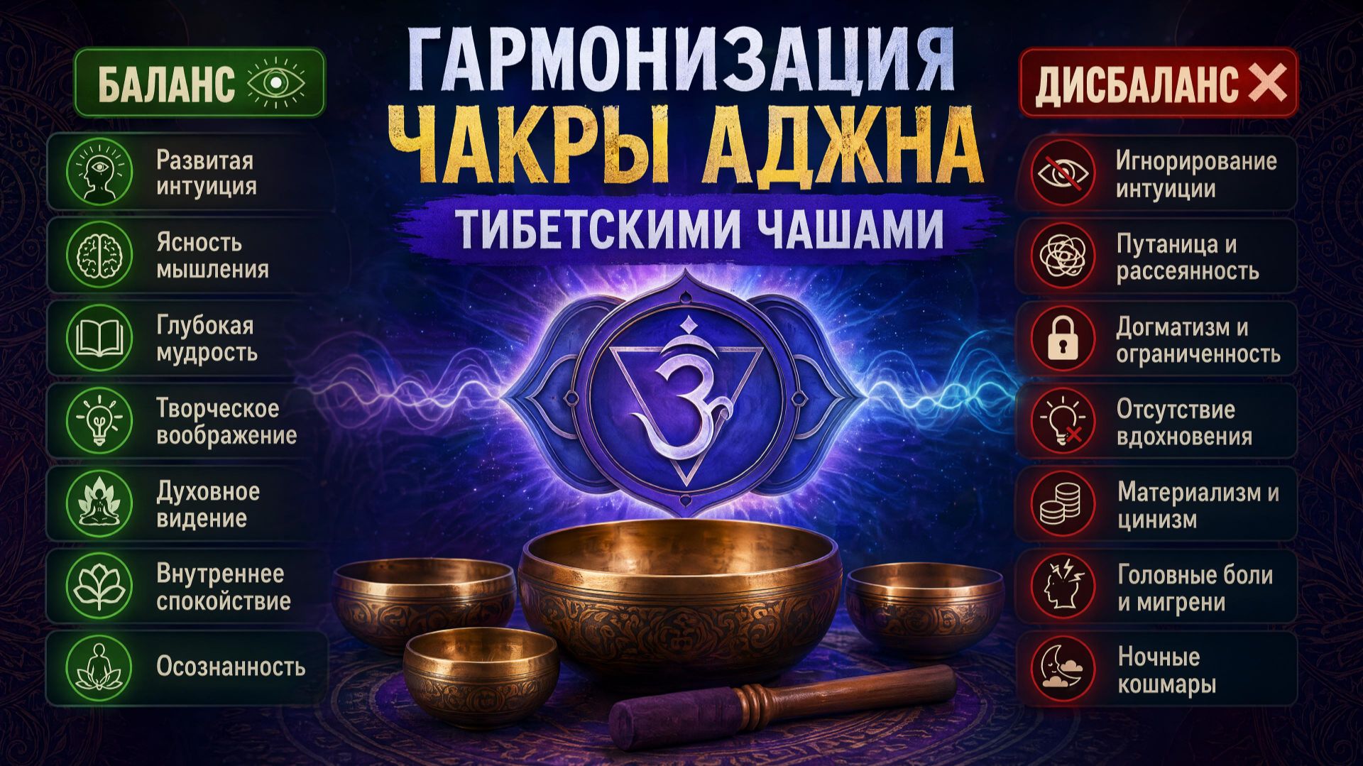 Аджна - гармонизация 6 чакры тибетскими чашами|третий глаз|интуиция и ясновидение
