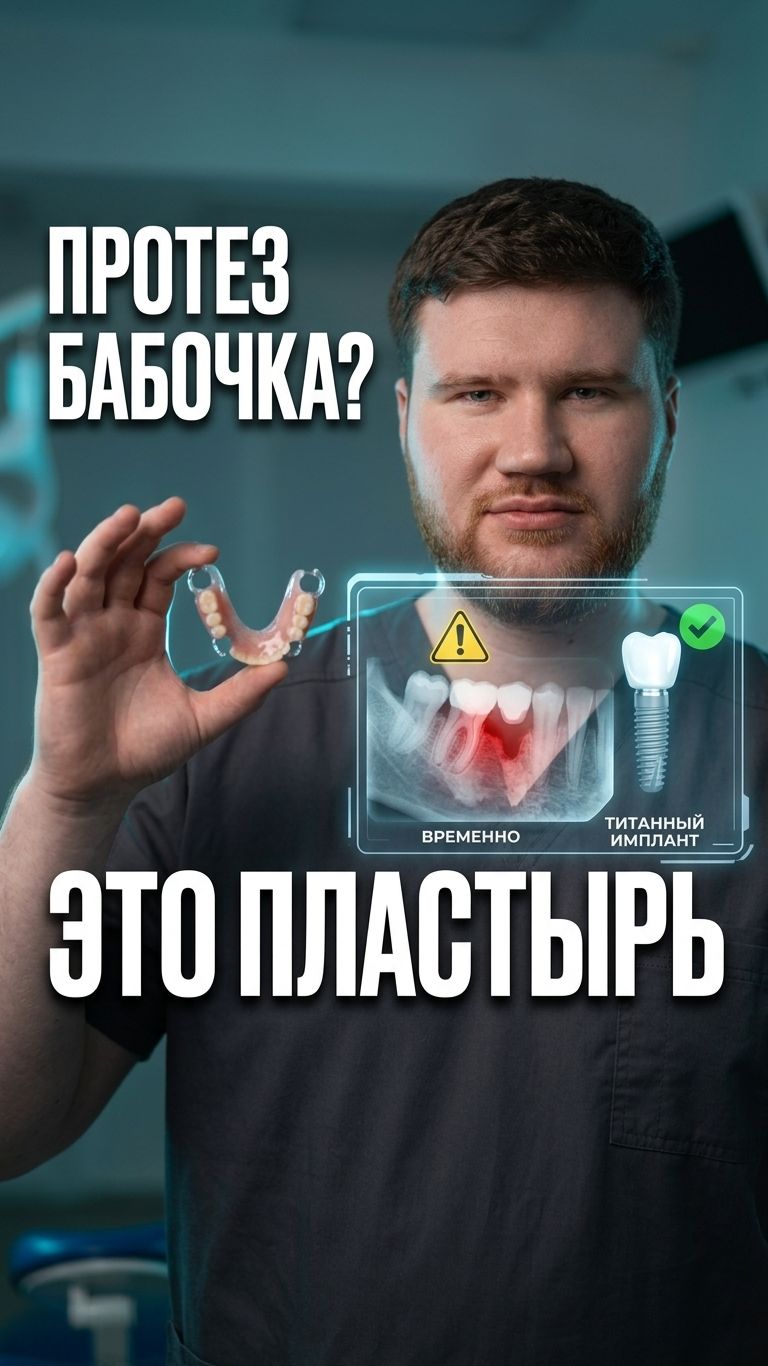 Протез-бабочка работает 3-4 месяца. Носить дольше — рискуете соседними зубами и костью.