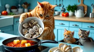 😹Мама кошечка готовит своим маленьким котятам вкусное рагу с мидиями🔥