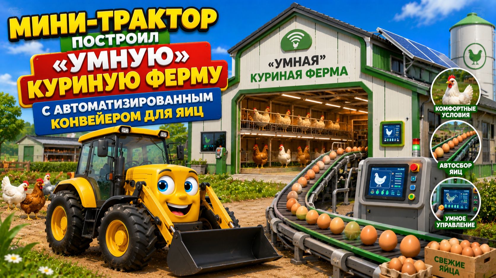 Мультфильм: 🚜🐔 Мини-трактор построил «умную» куриную ферму с автоматизированным конвейером для яиц