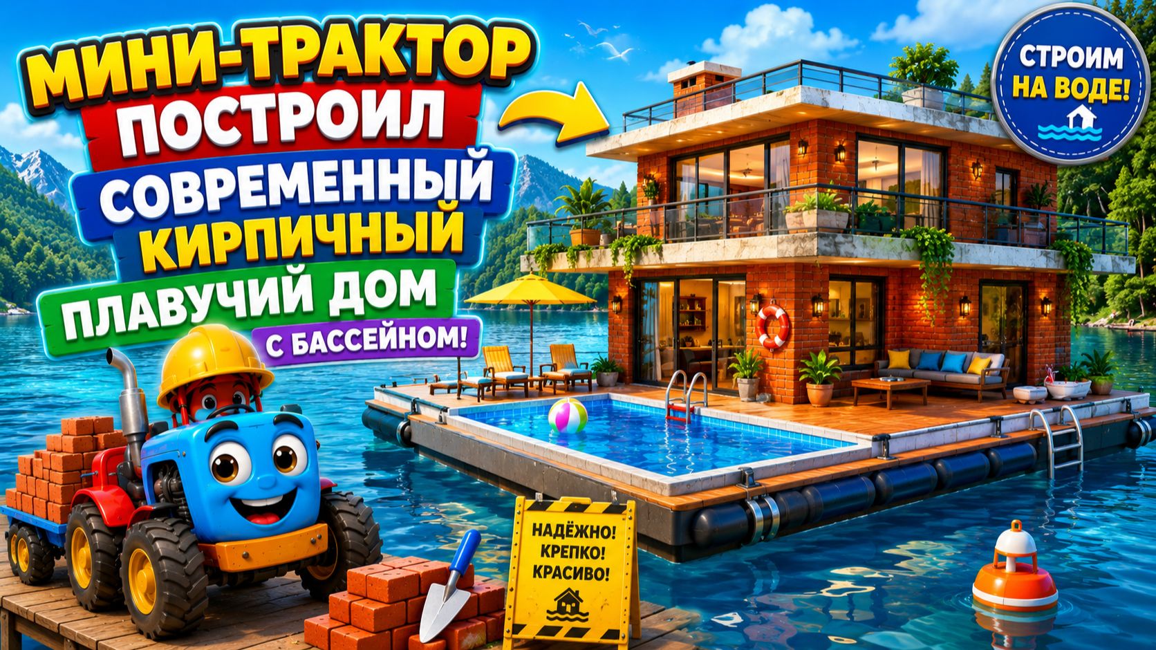 Мультфильм:  Мини-трактор построил современный кирпичный плавучий дом с бассейном