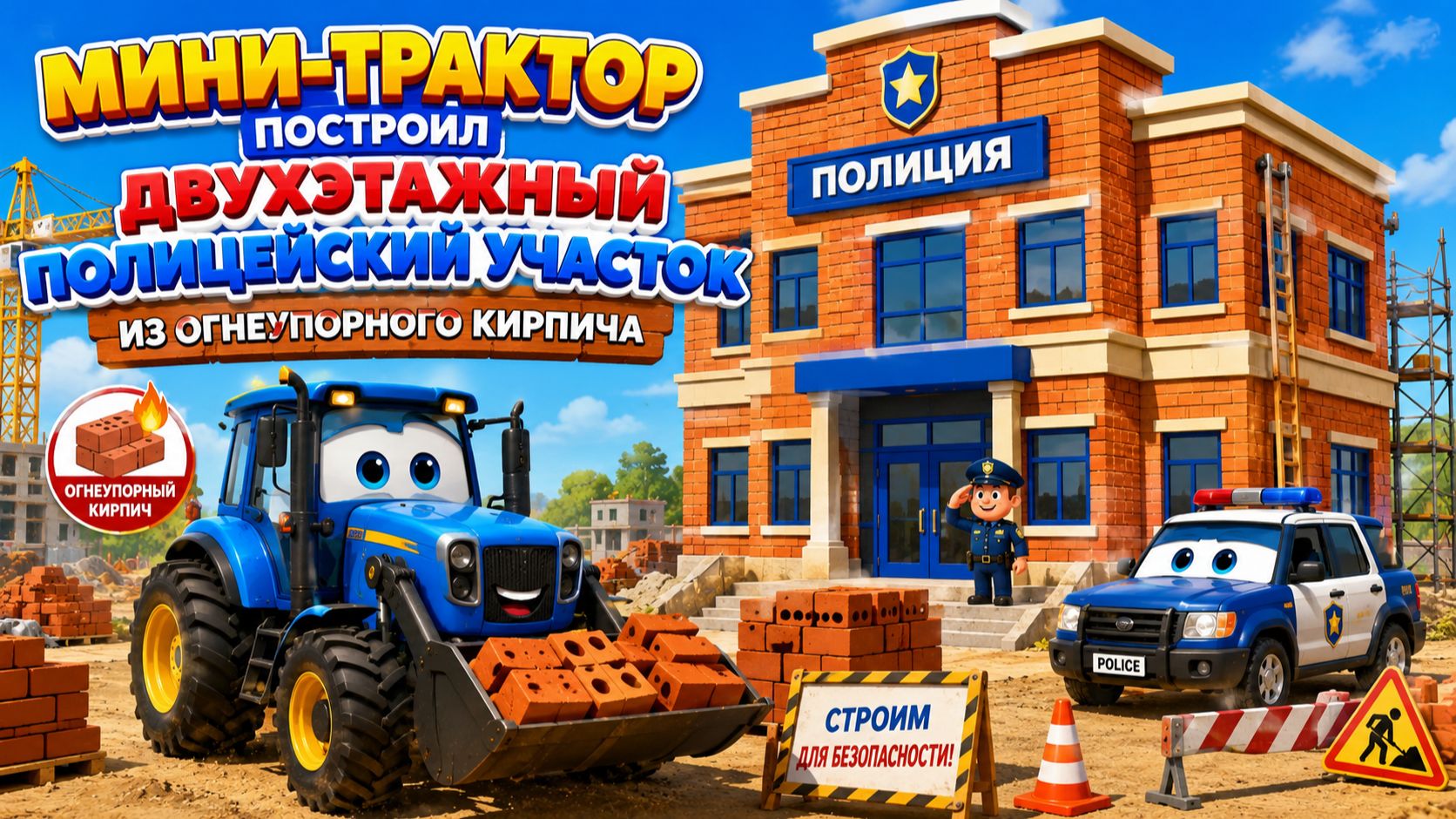 Мультфильм: Мини-трактор построил двухэтажный полицейский участок из огнеупорного кирпича
