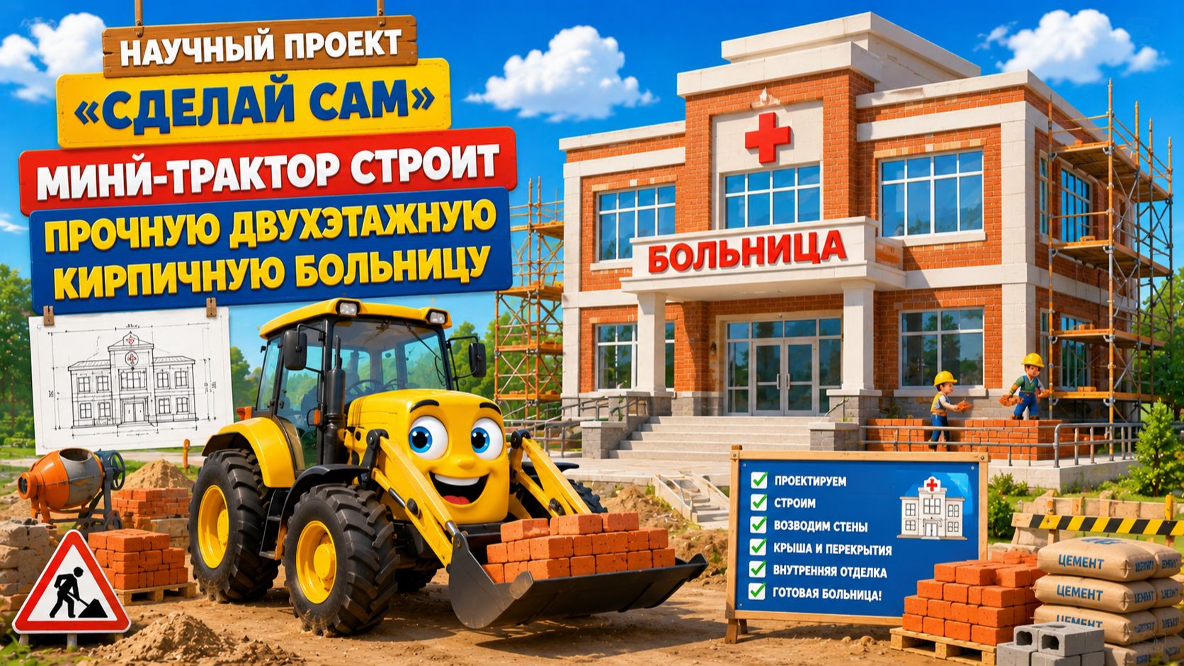 Мультфильм: 🚜🏥 Научный проект «Сделай сам»: мини-трактор строит прочную двухэтажную кирпичную бол