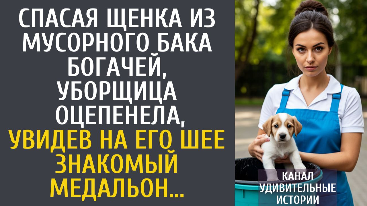Истории из жизни Спасая щенка из мусорного бака богачей, уборщица-сирота оцепенела, увидев на его...