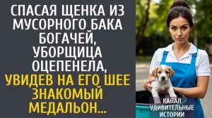 Истории из жизни Спасая щенка из мусорного бака богачей, уборщица-сирота оцепенела, увидев на его...