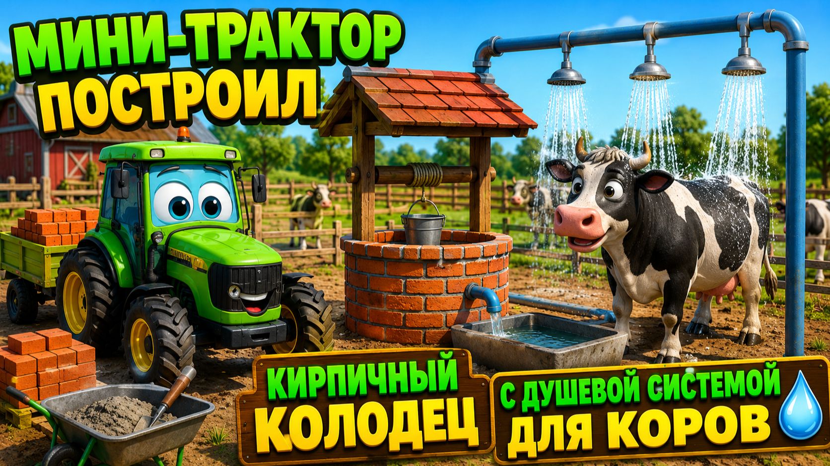 Мультфильм: мини-трактор построил кирпичный колодец с душевой системой для коров.
