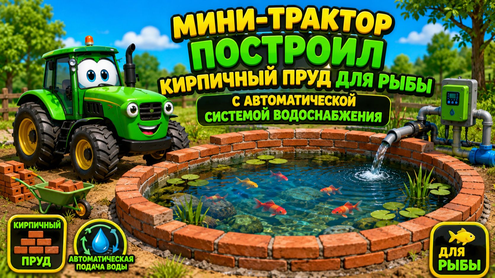 Мультфильм: мини-трактор постройка кирпичного пруда для рыбы с автоматической системой водоснабжения
