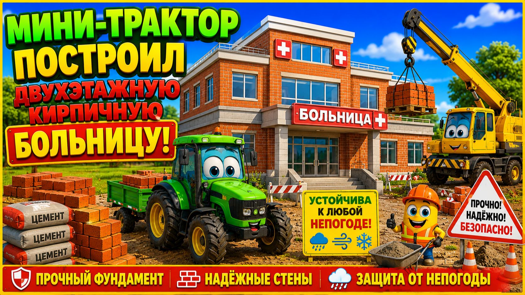 Мультфильм: мини-трактор построил двухэтажную кирпичную больницу, устойчивую к непогоде.