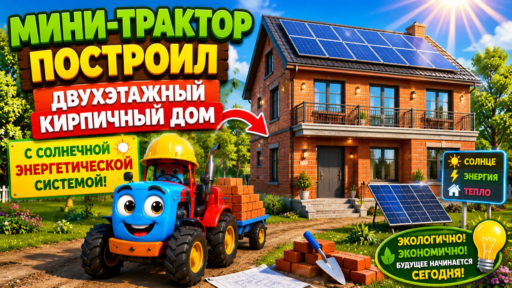 Мультфильм: мини-трактор построил двухэтажный кирпичный дом с солнечной энергетической системой.