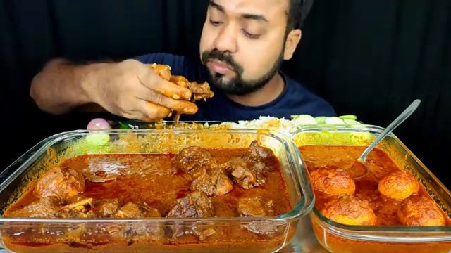 CHAMPARAN MUTTON CURRY, SPICY DUCK EGG CURRY, ONION, RICE, CHILI MUKBANG EATING