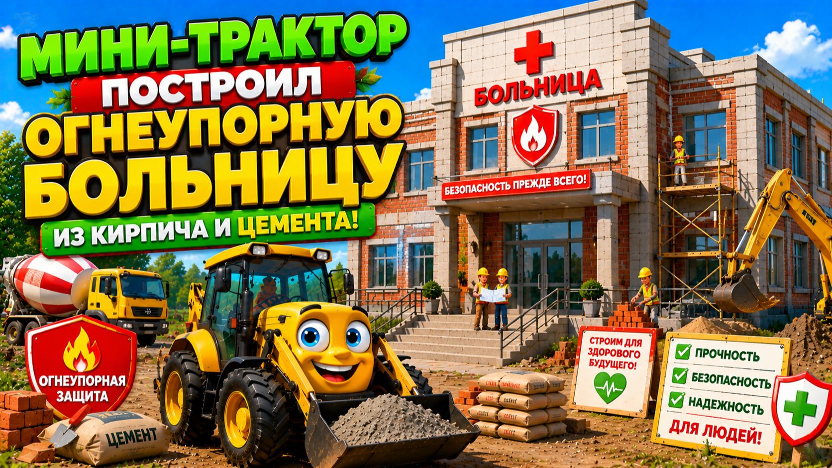 Мультфильм:  мини-трактор построил огнеупорную больницу из кирпича и цемента!🚜🏥