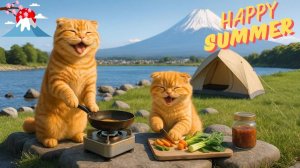 Кошка Джинджер Мама и котята отправляются в поход на гору Фудзи и готовят лосося на гриле для котен