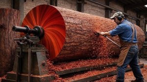 Обработка гигантских бревен красного дерева. Впечатляющий производственный процесс