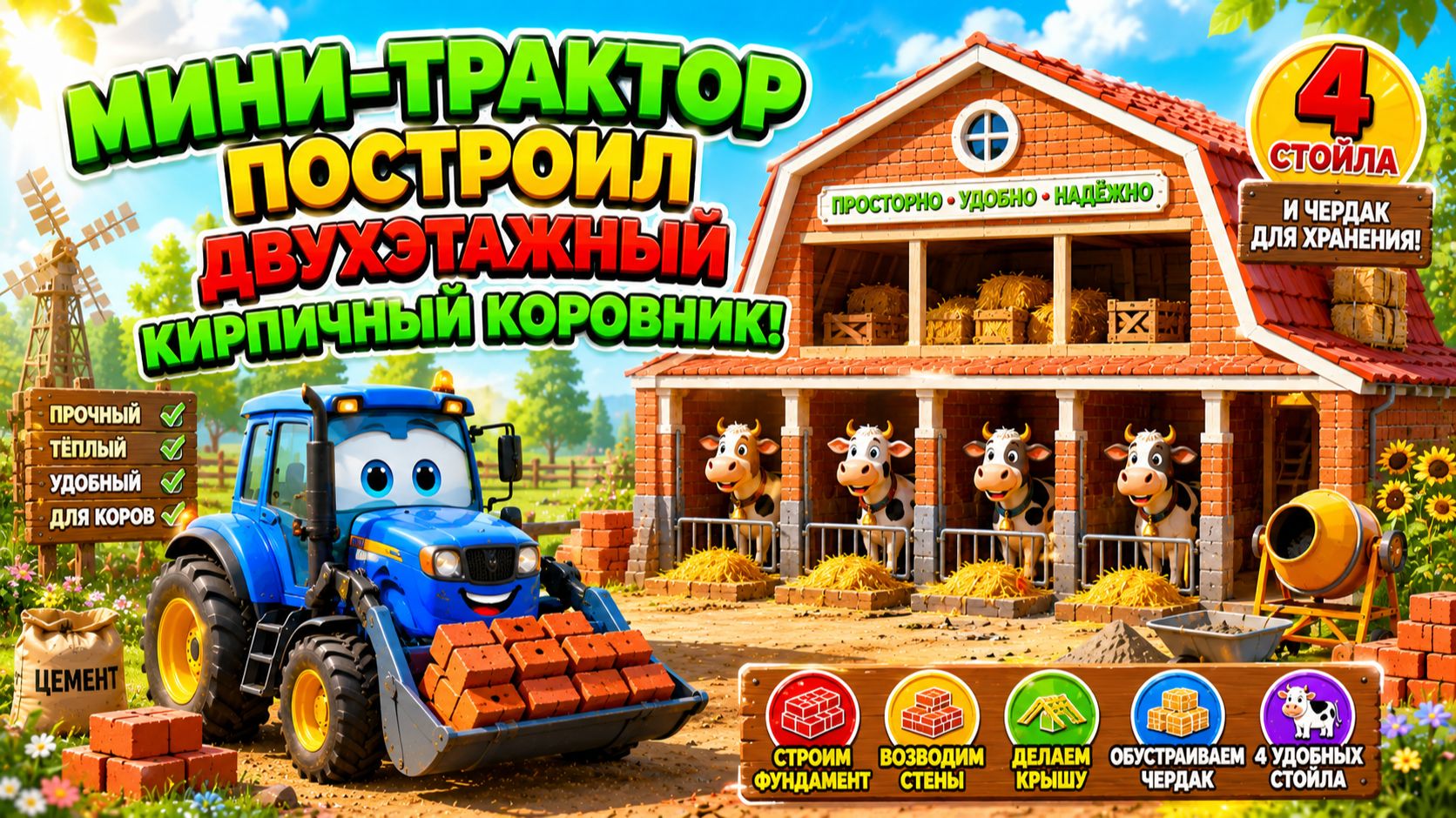 Мультфильм: Мини трактор построил двухэтажный кирпичный коровник с 4 стойлами и чердаком для хранени