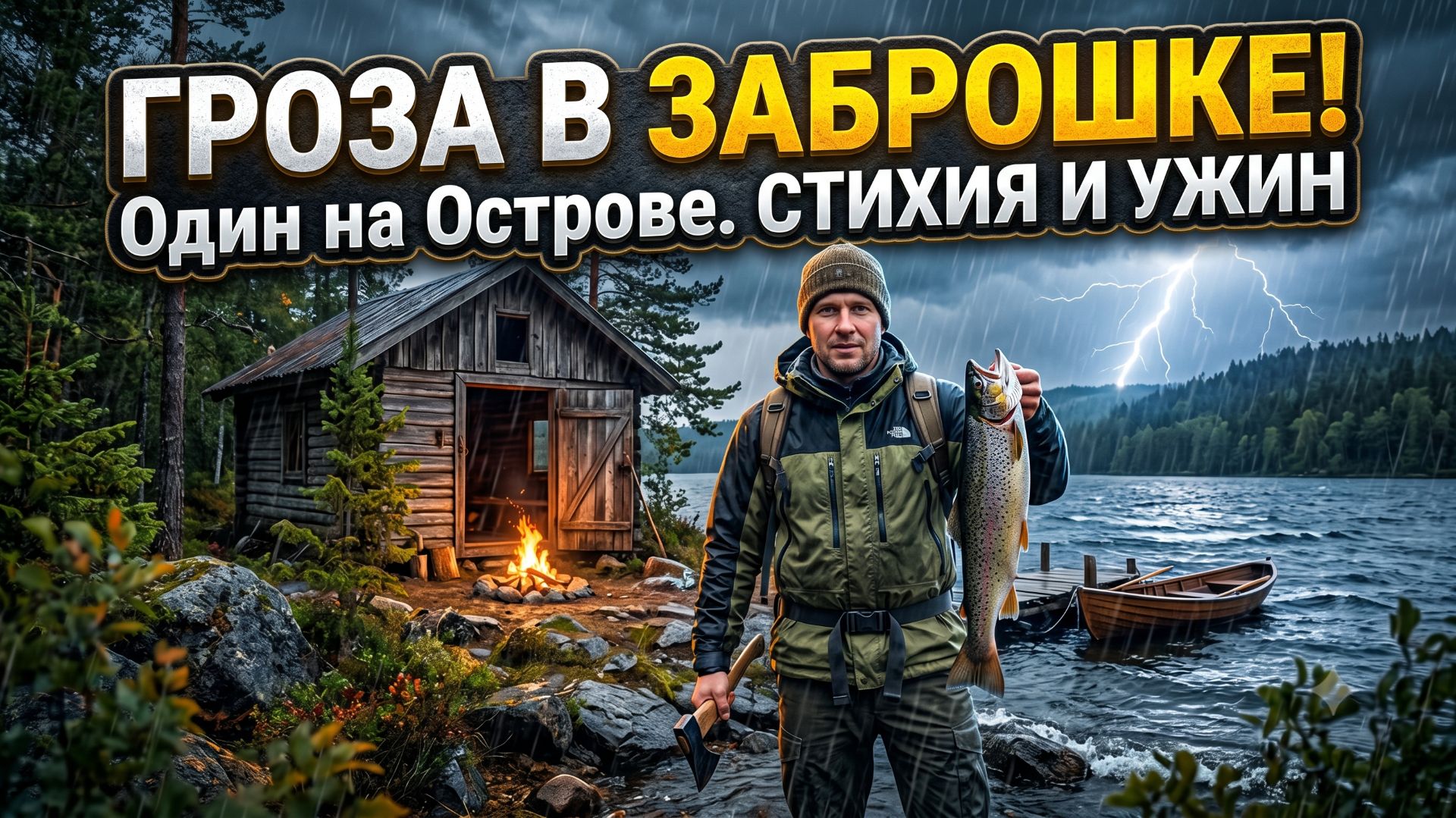 Гроза и дождь в заброшенном рыбацком убежище, ловля и приготовление рыбы.