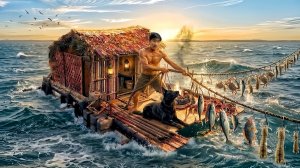 Выживание на плоту из мусора с моей собакой / Ловля сетью, 30 крючков и приготовление морепродуктов
