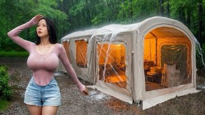 Кемпинг под проливным дождем☔️ в трехкомнатной надувной палатке | ASMR под дождем.