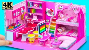 Миниатюрный розовый домик Hello Kitty своими руками с кабинетом, двухъярусной кроватью, кухней и гос