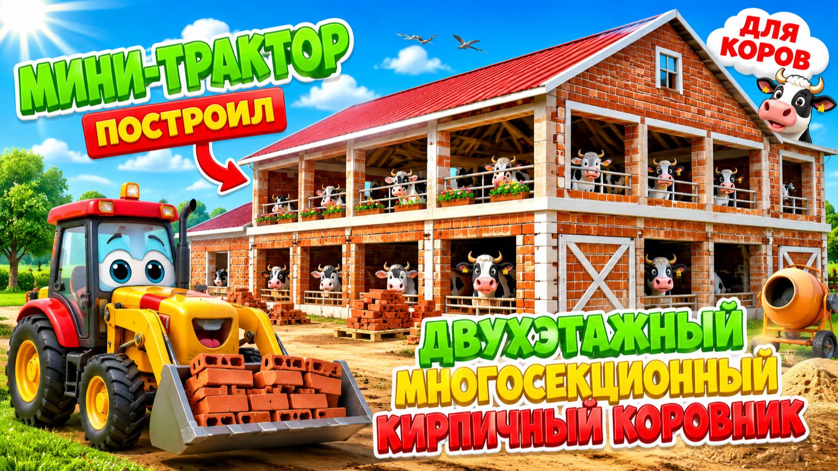 Мультфильм: мини-трактор построил прочный двухэтажный многосекционный кирпичный коровник 🐄