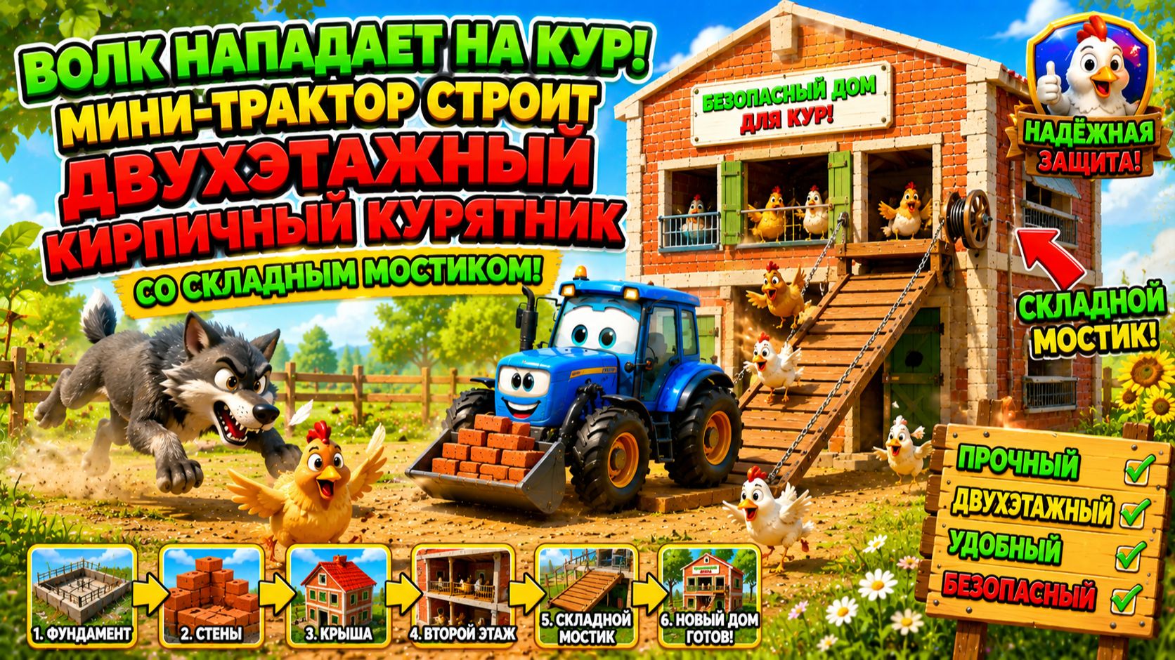 Мультфильм: Волк нападает на кур! Самодельный мини-трактор строит двухэтажный кирпичный курятник со
