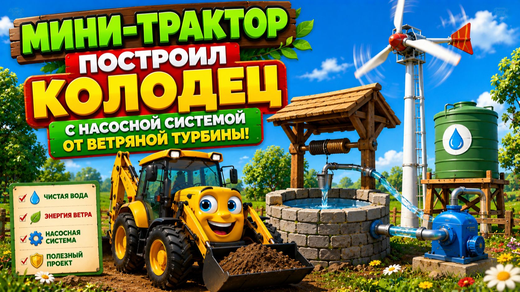 Мультфильм: мини-трактор построил колодец с насосной системой от ветряной турбины