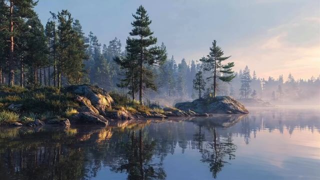 Туманное озеро в лесу 4K — звуки природы и пение птиц (2 часа)