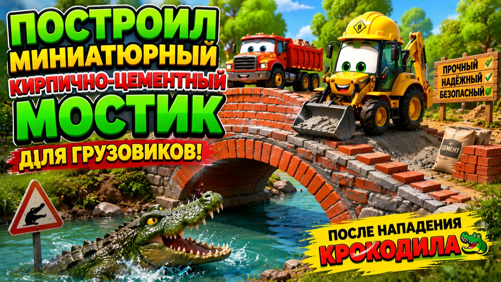 Мультфильм: Построил миниатюрный кирпично-цементный мостик для грузовиков после нападения крокодила!