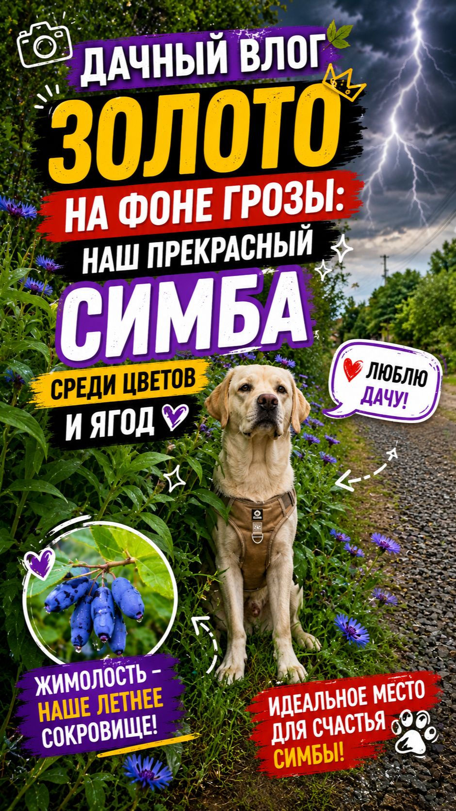 Золото на фоне грозы: наш прекрасный Симба среди цветов и ягод #лабрадорсимба